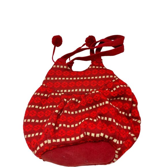Knit Crocheted Red Boho Hand Shoulder Bag patterned with pom poms snap closure - Picture 4 of 10